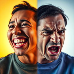 A dramatic portrait of a person exhibiting two contrasting expressions, one side showcasing extreme happiness with a bright smile and sparkling eyes, and the other side illustrating deep sadness or anger with furrowed brows and downturned lips