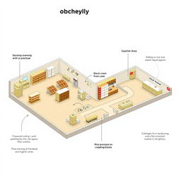 A detailed perspective view of the DMG rice supply floor plan, showcasing various sections including a stock room and a cashier area