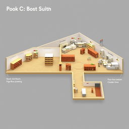 A detailed perspective view of the DMG rice supply floor plan, showcasing various sections including a stock room and a cashier area