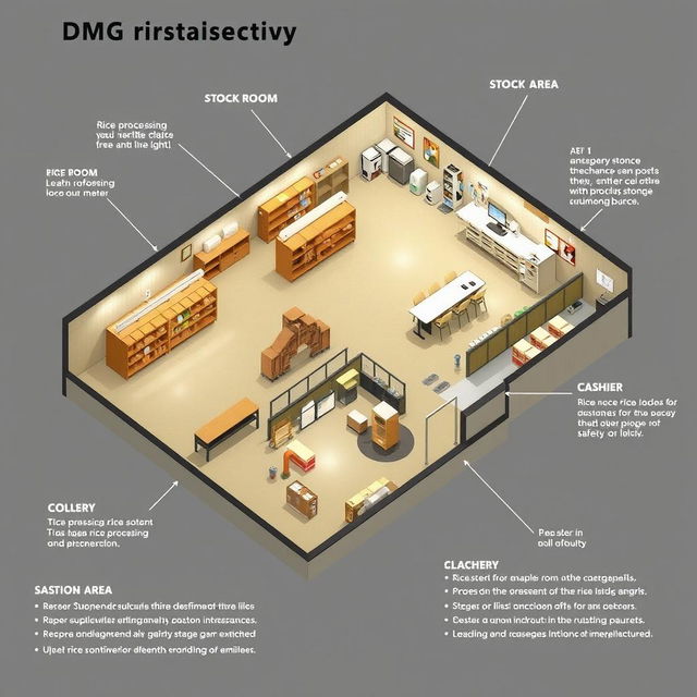 A detailed perspective view of the DMG rice supply floor plan, showcasing various sections including a stock room and a cashier area