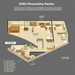 A detailed perspective view of the DMG rice supply floor plan, showcasing various sections including a stock room and a cashier area