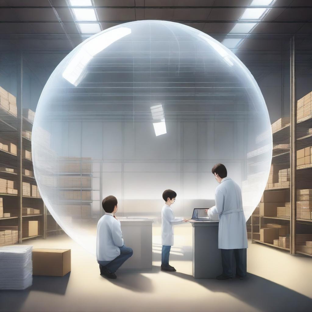 A high-quality digital art image depicting a child living inside a giant transparent globe in a vast warehouse, with three scientists in white lab coats observing and taking notes