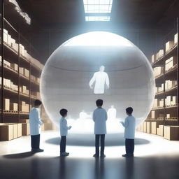 A high-quality digital art image depicting a child living inside a giant transparent globe in a vast warehouse, with three scientists in white lab coats observing and taking notes