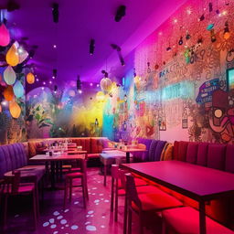 A modern, aesthetically pleasing restaurant featuring stylish decor, a unique dining space, and an Instagrammable selfie wall embellished with colorful murals, twinkling fairy lights, and trendy props.