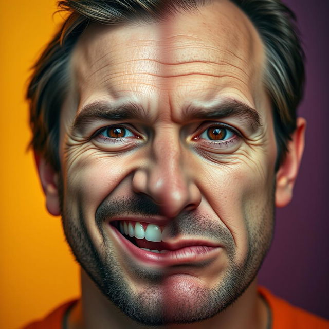 A striking portrait of a bipolar man displaying two distinct facial expressions