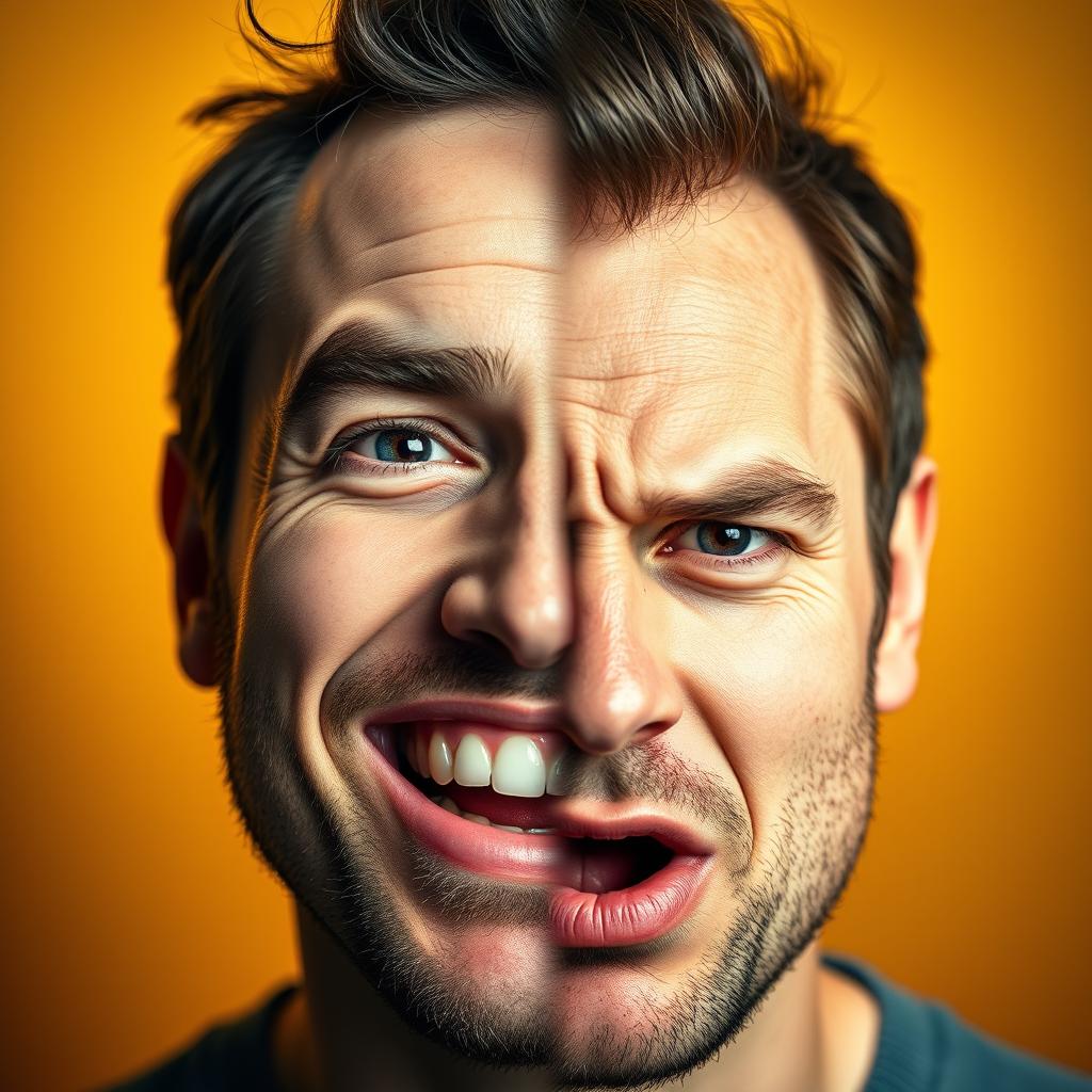 A striking portrait of a bipolar man displaying two distinct facial expressions