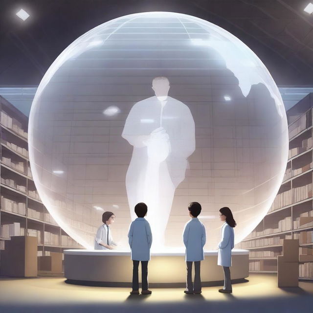 A high-quality digital art image depicting a child living inside a giant transparent globe in a vast warehouse, with three scientists in white lab coats observing and taking notes