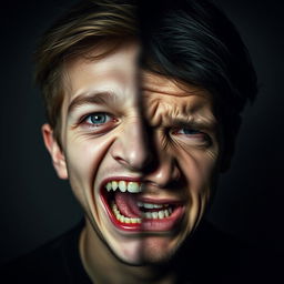 A haunting portrait of a young man with bipolar disorder, showcasing a striking contrast of emotions on his face