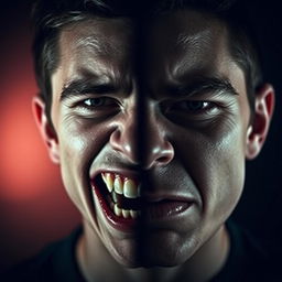 A haunting portrait of a young man with bipolar disorder, showcasing a striking contrast of emotions on his face