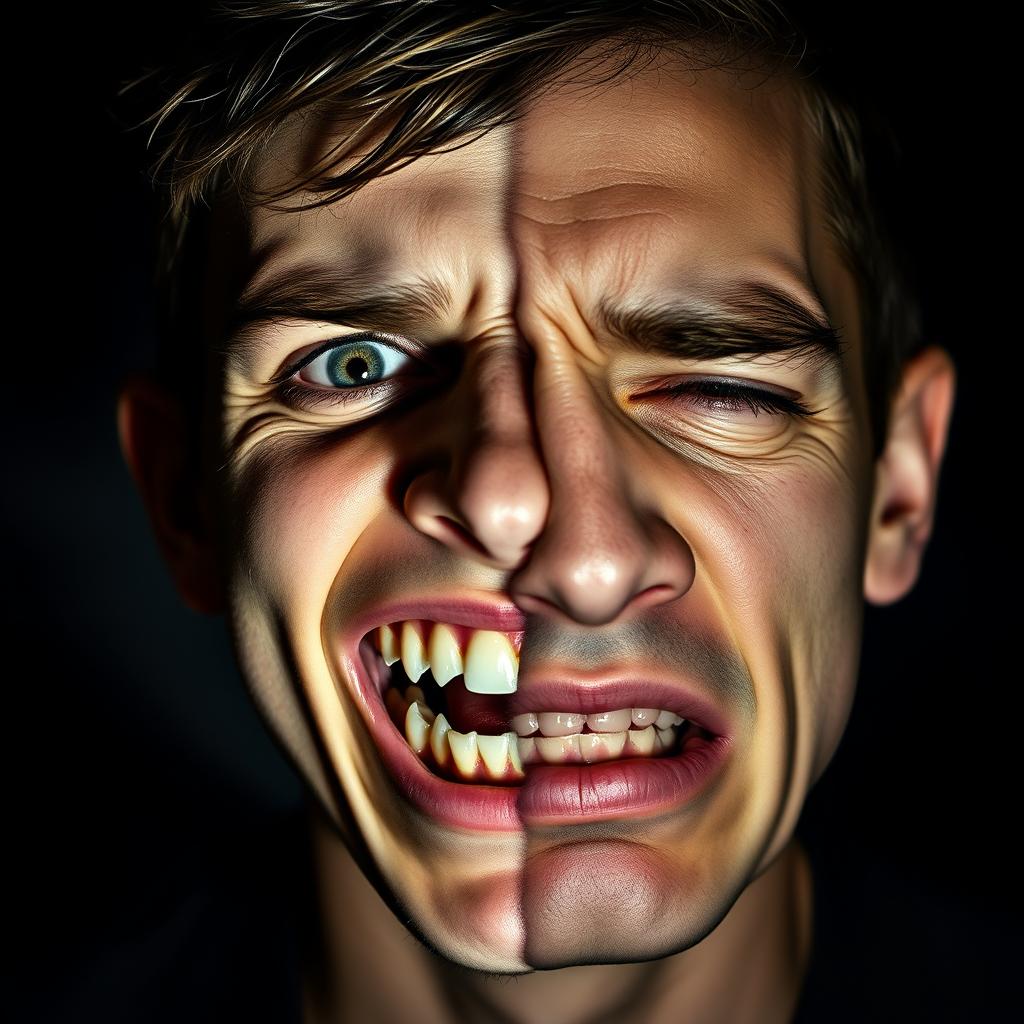 A haunting portrait of a young man with bipolar disorder, showcasing a striking contrast of emotions on his face