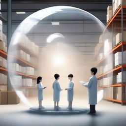 A high-quality digital art image depicting a child living inside a giant transparent globe in a vast warehouse, with three scientists in white lab coats observing and taking notes