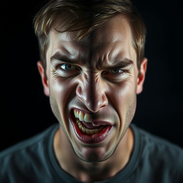 A haunting portrait of a young man with bipolar disorder, showcasing a striking contrast of emotions on his face