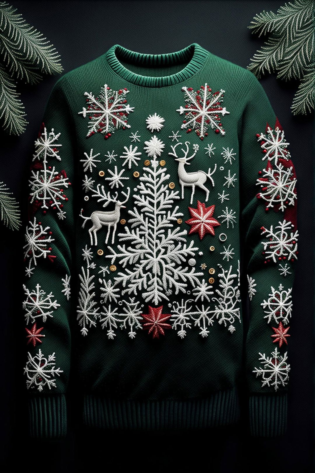 This digital art showcases a Christmas-themed embroidery on a cashmere sweater, featuring beautiful Christmas motifs