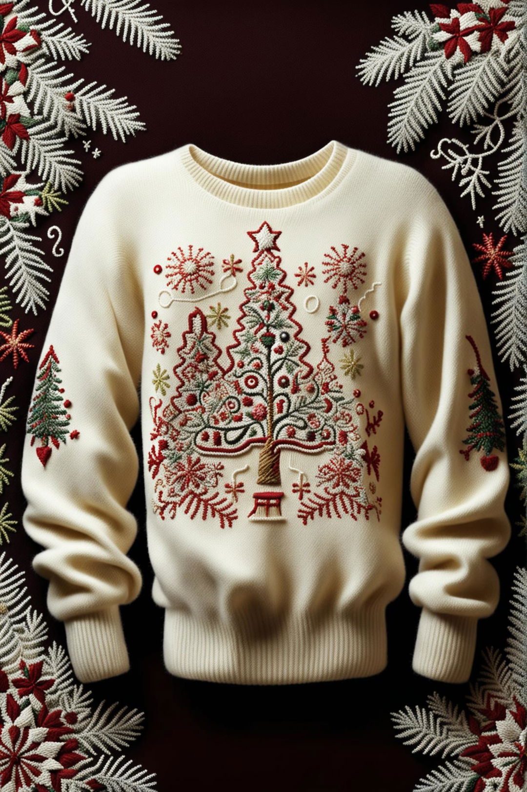 This digital art presents a Christmas-themed, intricately embroidered cashmere sweater