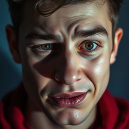 A close-up portrait of a young man showcasing contrasting emotions of sadness and mania