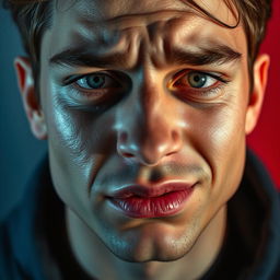 A close-up portrait of a young man showcasing contrasting emotions of sadness and mania