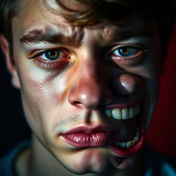 A close-up portrait of a young man showcasing contrasting emotions of sadness and mania