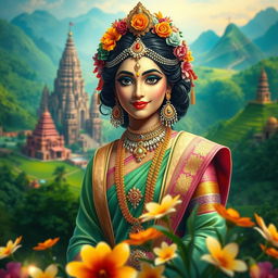 A colorful, vibrant depiction of Sri Prada, dressed in traditional and majestic attire, surrounded by an enchanting backdrop of lush green landscapes and ancient temples