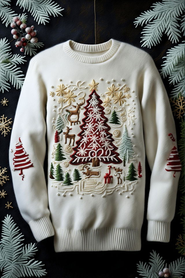 This digital art showcases a Christmas-themed embroidery on a luxurious cashmere sweater