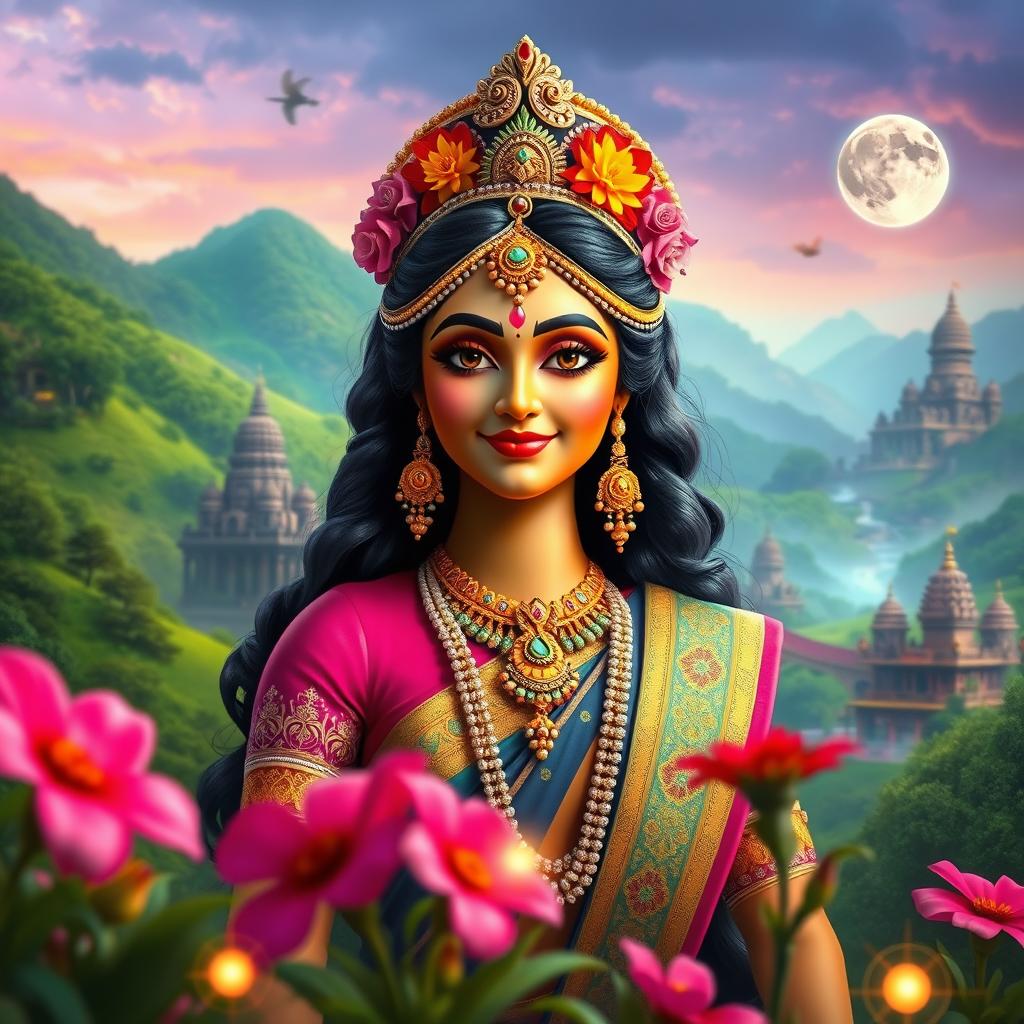 A colorful, vibrant depiction of Sri Prada, dressed in traditional and majestic attire, surrounded by an enchanting backdrop of lush green landscapes and ancient temples