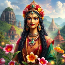 A colorful, vibrant depiction of Sri Prada, dressed in traditional and majestic attire, surrounded by an enchanting backdrop of lush green landscapes and ancient temples