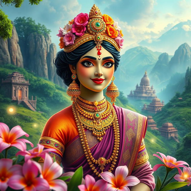 A colorful, vibrant depiction of Sri Prada, dressed in traditional and majestic attire, surrounded by an enchanting backdrop of lush green landscapes and ancient temples