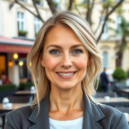 A full-height photograph of a woman aged 30 to 45 years with a natural appearance, showcasing minimal makeup and well-groomed hair