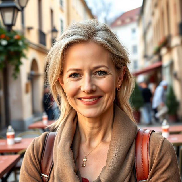 A full-height photograph of a woman aged 30 to 45 years with a natural appearance, showcasing minimal makeup and well-groomed hair