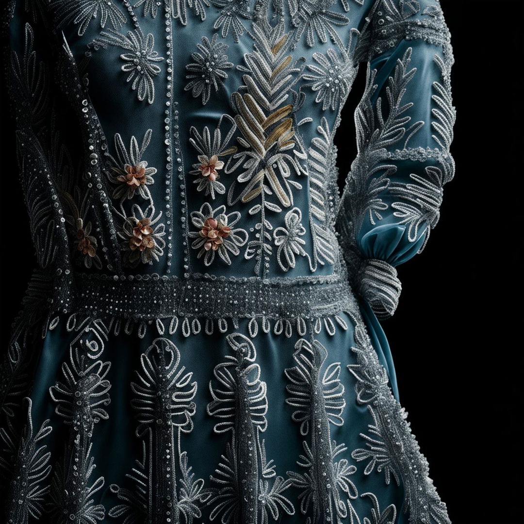 A high-definition, editorial-style photograph of a beautifully embroidered dress