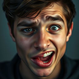 A striking portrait of a young man's face capturing a blend of sadness and manic energy