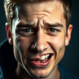 A striking portrait of a young man's face capturing a blend of sadness and manic energy