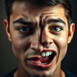 A striking portrait of a young man's face capturing a blend of sadness and manic energy