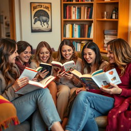 A cozy scene with five friends sitting together in a warm, inviting living room