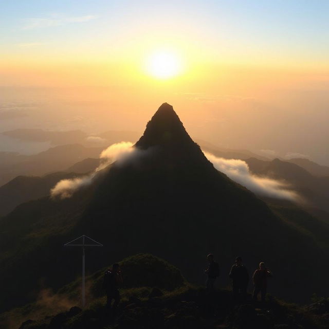 A breathtaking view of Adam's Peak, also known as Sri Pada, with its distinctive triangular shape rising majestically in the background