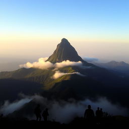 A breathtaking view of Adam's Peak, also known as Sri Pada, with its distinctive triangular shape rising majestically in the background