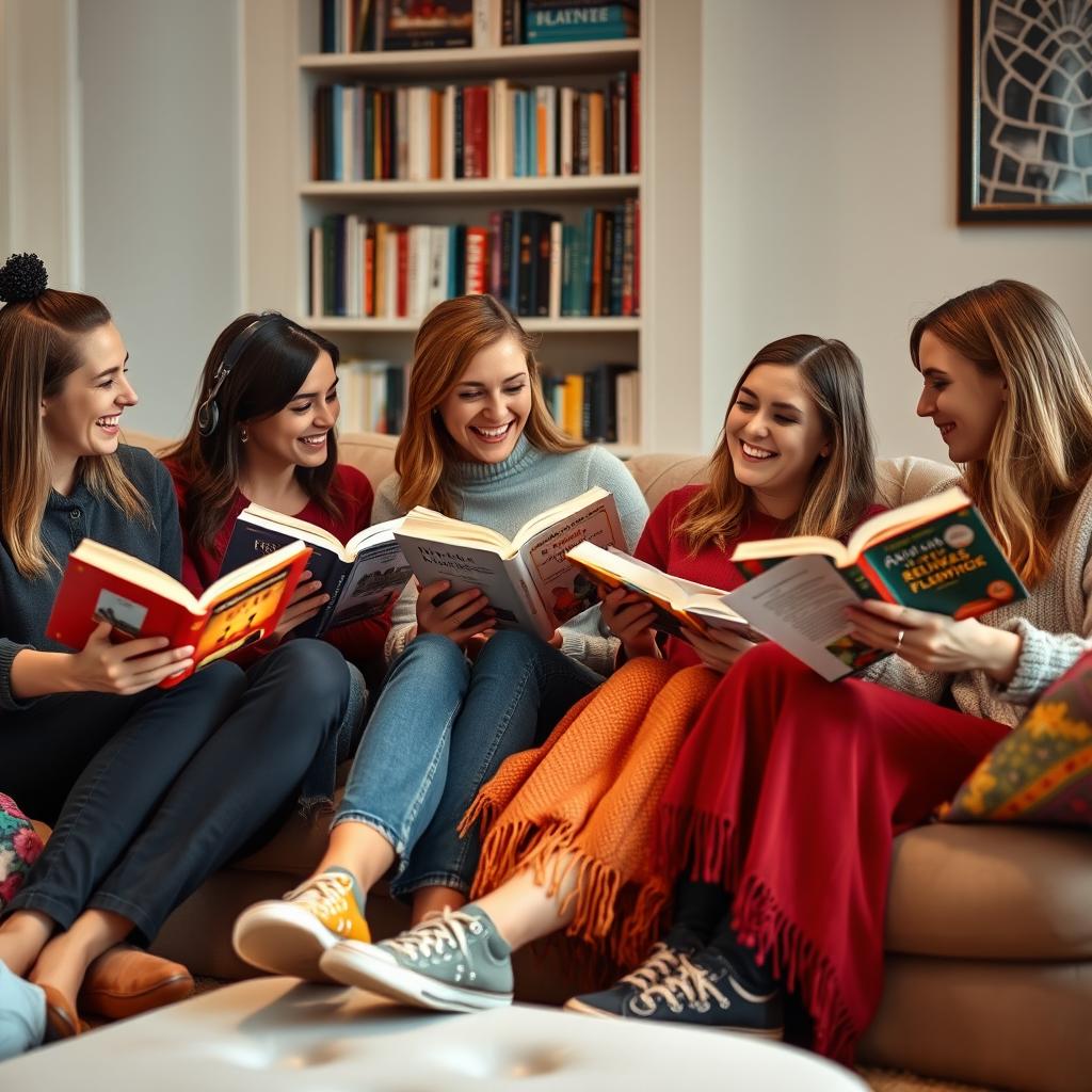 A cozy scene with five friends sitting together in a warm, inviting living room