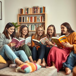 A cozy scene with five friends sitting together in a warm, inviting living room