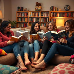 A cozy scene with five friends sitting together in a warm, inviting living room