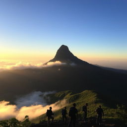 A breathtaking view of Adam's Peak, also known as Sri Pada, with its distinctive triangular shape rising majestically in the background
