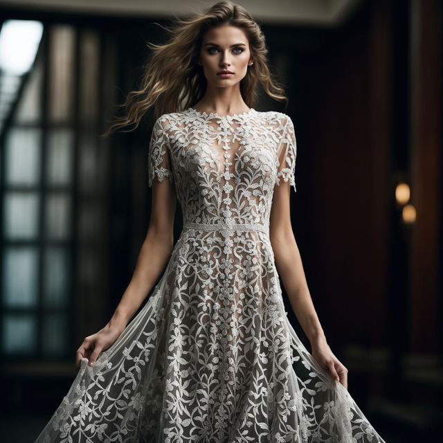 A high-definition, editorial-style photograph of a model in an elegant dress with intricate embroidery, taken from a zoomed-out perspective