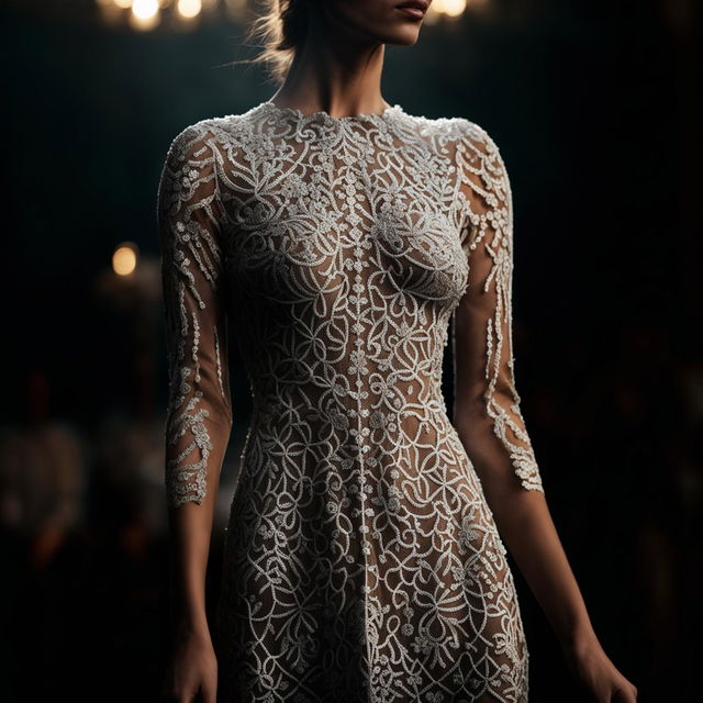 A high-definition, editorial-style photograph of a model in a different dress with exquisite embroidery details