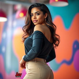 A confident and attractive woman with a curvy figure and pronounced features, wearing stylish clothing that accentuates her figure