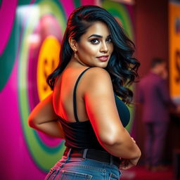A confident and attractive woman with a curvy figure and pronounced features, wearing stylish clothing that accentuates her figure