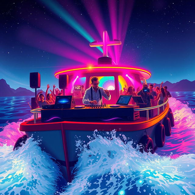 A vibrant and dynamic scene depicting a DJ performing on a rolling vessel, surrounded by colorful lights and energetic crowd