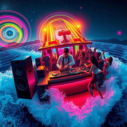 A vibrant and dynamic scene depicting a DJ performing on a rolling vessel, surrounded by colorful lights and energetic crowd