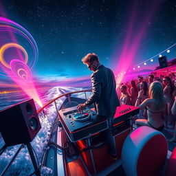 A vibrant and dynamic scene depicting a DJ performing on a rolling vessel, surrounded by colorful lights and energetic crowd