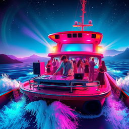 A vibrant and dynamic scene depicting a DJ performing on a rolling vessel, surrounded by colorful lights and energetic crowd
