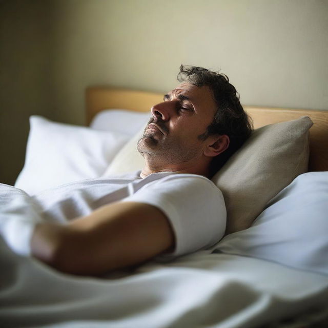 A high-resolution photograph of a man lying sick in bed, captured in natural light