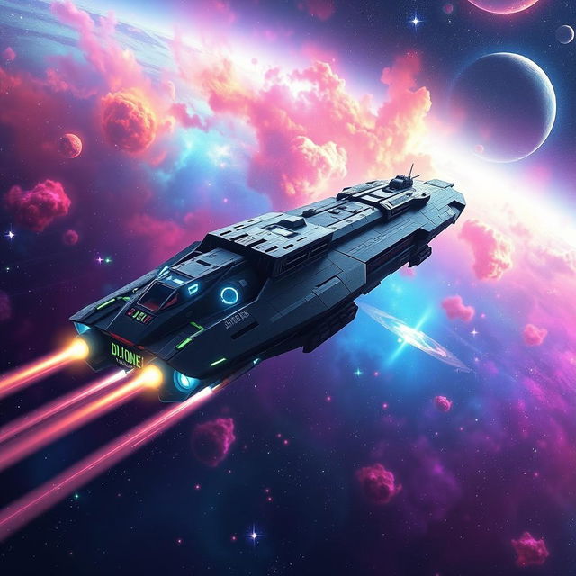 A futuristic cargo ship named DJIONE RHIEVE soaring through a vibrant galaxy filled with colorful nebulae and sparkling stars