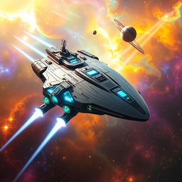 A futuristic cargo ship named DJIONE RHIEVE soaring through a vibrant galaxy filled with colorful nebulae and sparkling stars